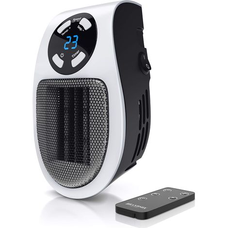 Mini chauffage soufflant céramique 500W - Mini radiateur soufflant avec télécommande - Minuterie 1 à 12h - Thermostat 15° à 30° - fiche électrique pivotante à 90° - salle de bain, bureau (1/5)