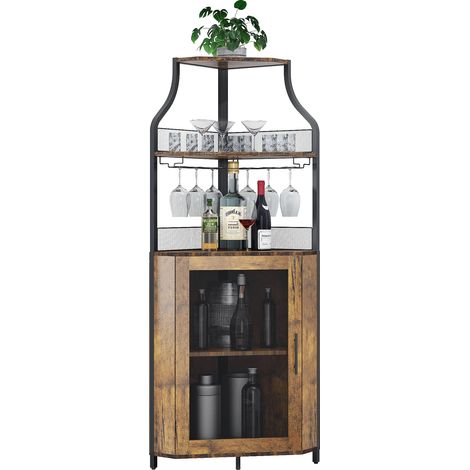 Meuble Bar d'Angle Industriel, Portes Grillagées et Étagère, 45x45x150 cm, Marron Rustique (1/5)