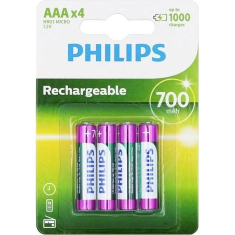 Philips – Lot de 4 piles rechargeables AAA 700 mAh – Technologie NiMH – Tension 1,2 V – Rechargeables jusqu'à 1000 fois – Pour jouets et appareils électroniques (1/4)