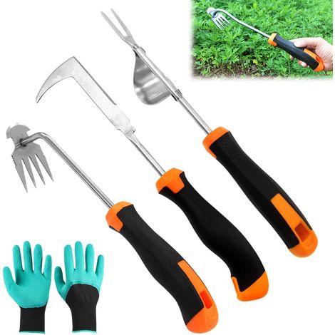 Set di 3 attrezzi manuali per la rimozione delle erbacce, in acciaio inossidabile, portatili, a 4 punte, per giardino, prato e terreno.