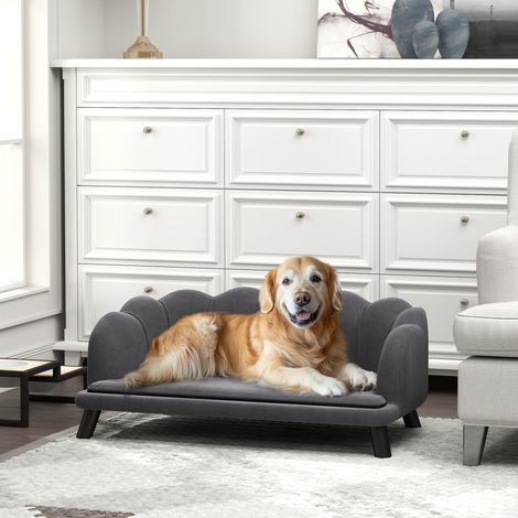 Divano per cani PawHut, cuccia per cani, rivestimento lavabile, divano per animali domestici con schienale e gambe in legno, divano per gatti, per cani di taglia media sotto i 25 kg, grigio scuro
