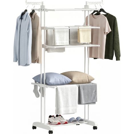 Séchoir à linge pliable 4 niveaux avec roulettes, étendoir linge intérieur avec ailes latérales, cadre en acier, blanc, déco maison, aménagement intérieur (1/5)