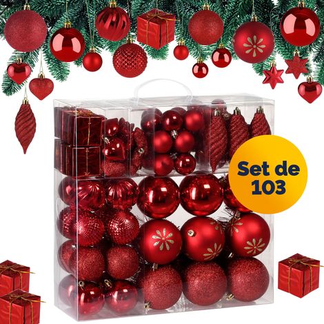 Lot de 103 boules de Noël Décorations pour sapin en plastique robuste Décoration de Noël intérieur extérieur Rouge