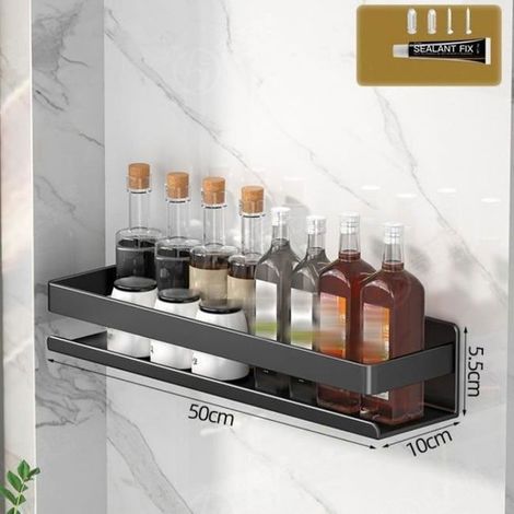 Range-Bouteilles et Porte-Épices Mural en Acier Inoxydable - Support Organisateur Sans Perçage, Noir, 50cm (1/4)
