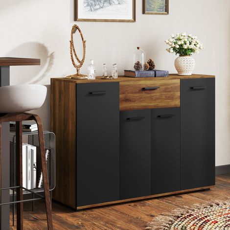 Mobile contenitore da soggiorno con 4 ante, cassetti e ripiani regolabili, dimensioni 120 x 35 x 85 cm, marrone e nero.