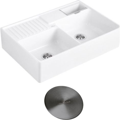 Evier timbre d'office VILLEROY ET BOCH Tradition 2 bacs 89,5 x 63 céramique vidage manuel blanc + Cache bonde anthracite