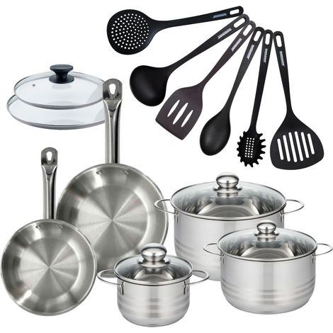 Set 2 poêles 20 24 cm en inox, 2 couvercles verre, 3 faitouts inox 16, 20 et 24 cm et 6 ustensiles RPET Fackelmann Eterna (1/5)