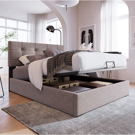 Bett Schlafbett Stauraum 90x200 Samt Hellgrau OKMYHOME (1/5)
