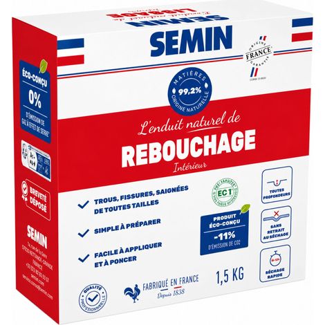 SEMIN Enduit Naturel de Rebouchage 1,5 kg - 99,3% d'Origine Naturelle - Rebouche Trous, Fissures et Saignées - Sans Retrait – Séchage Rapide - Intérieur Murs et Plafonds (1/5)