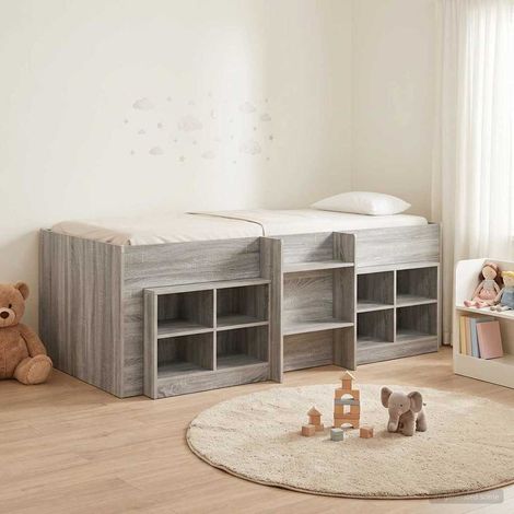 vidaXL Cadre de lit en loft avec armoire avec étagère 3 pc Sonoma gris (1/5)