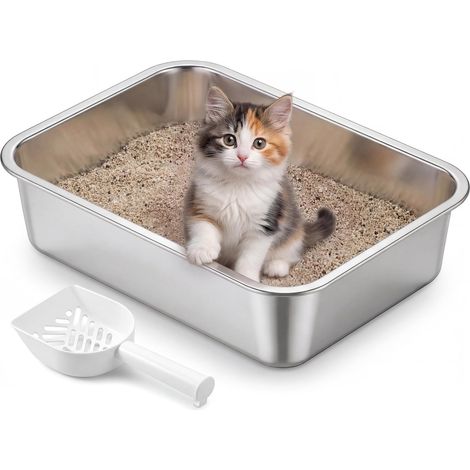 Bac à Litière pour Chat en Acier Inoxydable, Ouverte avec Pelle (1/5)