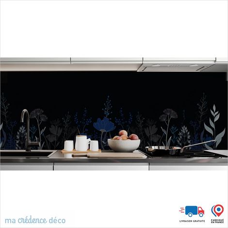 Crédence : Dessin et fleurs sauvages noires 1 - Couleur Bleu signal - Alu composite - 60 - 120 (1/3)