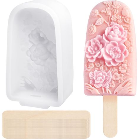 Moule à glace en silicone fleur 3D – Moules à glace maison, Moule glace bâtonnet réutilisable, Moule silicone fleur rose DIY pour glaces, Moules à glaces d'été pour friandises glacées (1/5)