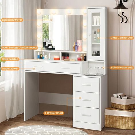 Coiffeuse avec miroir et 10 ampoules LED – Station de charge intégrée – Luminosité réglable – Dimensions 101x40x143 cm – 5 tiroirs, 1 armoire – Blanc — vue 4
