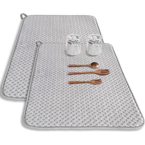 Lot de 2 tapis de séchage en microfibre, 60 x 45 cm, absorbants, pour plans de travail de cuisine, grande taille, pour plans de travail, éviers et zones d'égouttage (gris) (1/5)
