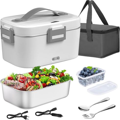 Chauffe-repas électrique 1,8 L 75 W noir, 12 V/24 V/220 V, récipient intérieur en acier inoxydable 304 compatible lave-vaisselle, couvercle hermétique, comprend un sac isotherme et deux câbles, pour l (1/5)