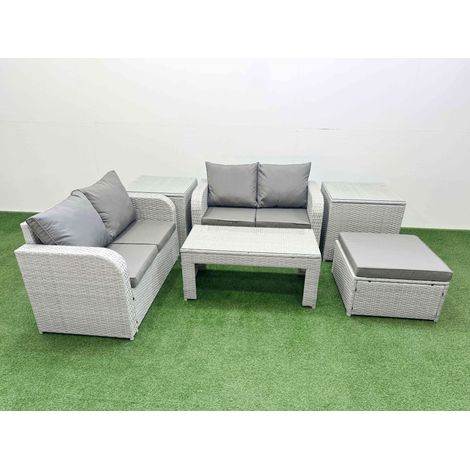 Fimous 5 Seater Outdoor Love Sofa Set Rattan Garden Furniture Set with Oblong Coffee Table Big Footstool 2 Side Tables Light Grey (1/4)