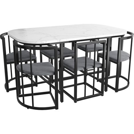 Conjunto de comedor con mesa blanca MDF 140x80 cm y 6 sillas tapizadas grises HOMVRA (1/5)