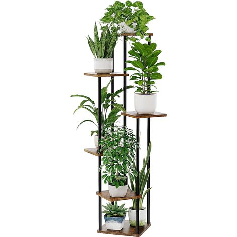 Support pour fleurs et plantes, tabouret à fleurs, haut, Brun, en métal, avec 6 niveaux, étagère à plantes, peu encombrant, décoratif, pour intérieur, salon, balcon et coin (1/5)