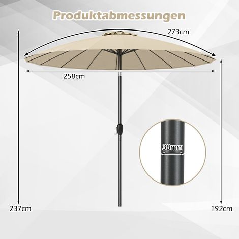 Sonnenschirm für Terrasse, 258 cm, Beige, Kurbel zum Öffnen/Schließen, Neigung 35°