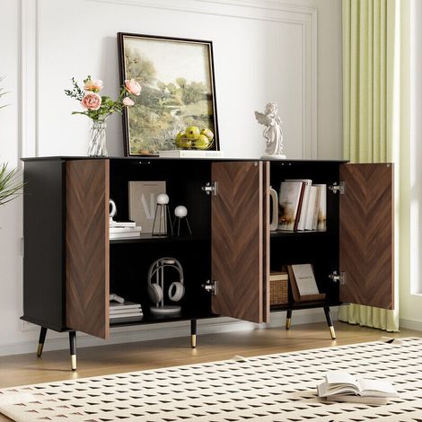 Buffet moderne 140 x 40 x 80 cm – 4 portes, étagères réglables, MDF, pieds métal – Pour salon ou entrée, rangement modulable (1/5)