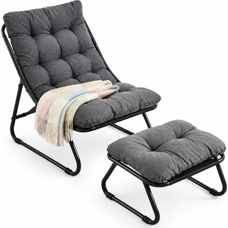 Salon de Jardin 1 Place en Acier avec Chaise Longue, Pouf et Coussin Confortable, Gris
