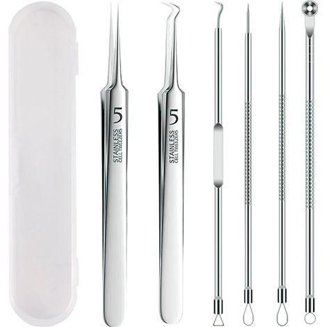 6 Pièces Extracteur point Noir, Tire Comedon Point Noir avec Boîte Transparente, Acier Inoxydable Blackhead Remover Outilour pour Points Noirs Acné Milia et Autres Impuretés de la Peau(Argent) (1/5)