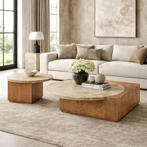 Table basse travertin et bois style design DUOMO