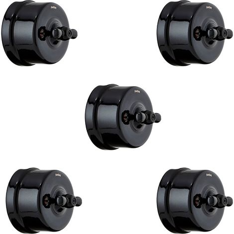 FONTINI Lot de 5 interrupteurs va-et-vient Garby en porcelaine noire, style vintage rétro, installation en saillie, qualité premium (1/4)