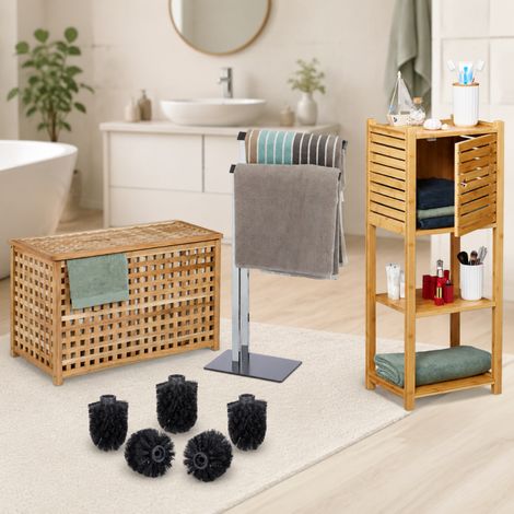 Set da bagno in noce (4 pezzi) - Mensola in bambù, portasciugamani cromato, cesto portabiancheria e ricariche per spazzolino. (1/5)