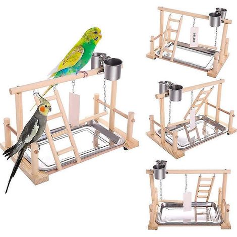 Aire de jeux en bois pour perroquets, comprenant des gamelles, une échelle et des balançoires polyvalentes.