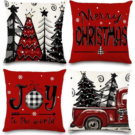 Juego de 4 fundas de almohada navideñas, fundas de almohada rojas, decoraciones navideñas, cojines de Feliz Navidad, fundas de almohada de temporada (1/5)