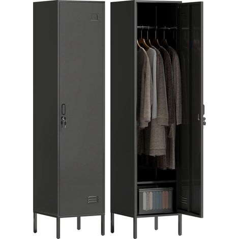 Armario metálico con cerradura y ventilación, color negro, 179 cm de alto.