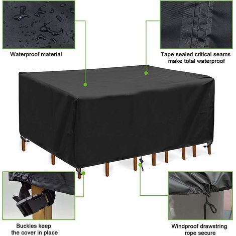 Bache Table de Jardin, Imperméable Bache Mobilier de Jardin Rectangulaire Housse, Anti-UV Robuste Housse de Protection Jardin, 250x110x90cm, Noir