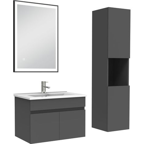 Acezanble Meuble simple vasque 60cm avec colonne et miroir lumineux 3 couleurs anthracite