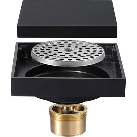 Siphon de Sol de Douche carré Invisible 100 x 100 mm avec Inserts de carrelage Amovibles dans Le Couvercle de la Grille, Siphon de Sol en Laiton, Noir (1/4)
