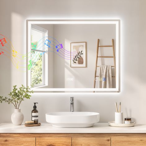 Miroir Salle de Bain LED Bluetooth 90x70 cm, Tactile, 3 Couleurs, Anti-Buée Mémoire, Argent (1/5)