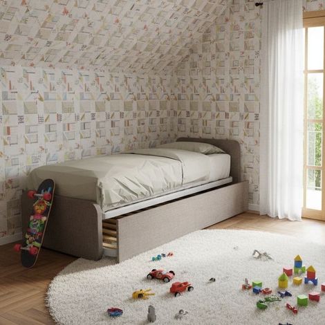 Letto singolo con letto estraibile, trasformabile in matrimoniale. Testate personalizzabili, reti in acciaio e doghe in faggio - Grigio fumo