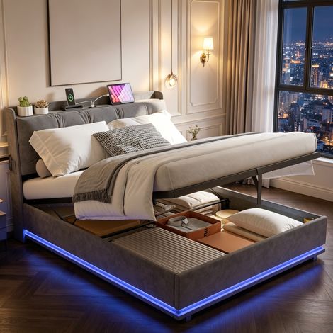 Lit rembourré avec coffre de rangement 140 x 200 cm – Bande LED sous le lit – Velours – Sommier à lattes – Convient aux adultes et aux adolescents – Gris (1/5)