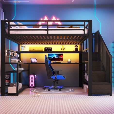Lit mezzanine gaming avec bureau et armoire 140x200cm,LED RGB,escalier et rangements,métal et MDF,noir (1/5)