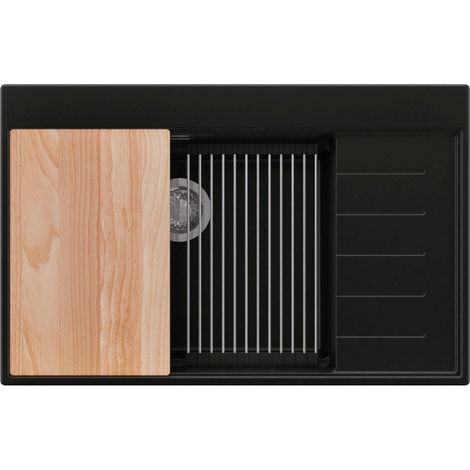 PRIMAGRAN Evier Cuisine en Granit 78x50cm,Lavabo 1 bac + Kit de Vidage + Accessoires, Évier à Encastrer au meuble 60cm - Sydney, Noir