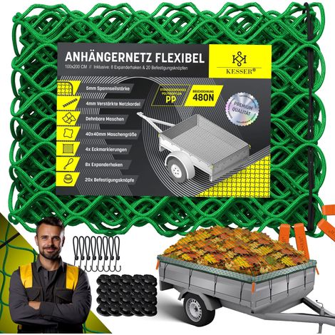 KESSER® Red de Remolque Estirable de malla fina con ganchos Red de remolque con cuerda tensora y cuerda de red para asegurar la carga Red de seguridad elástica con marcas en las esquinas ganchos de (1/5)