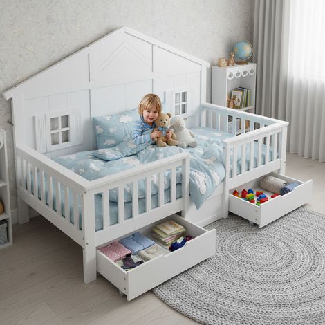 Lit enfant bois 90x200cm avec tiroirs à roulettes et sommier à lattes, blanc