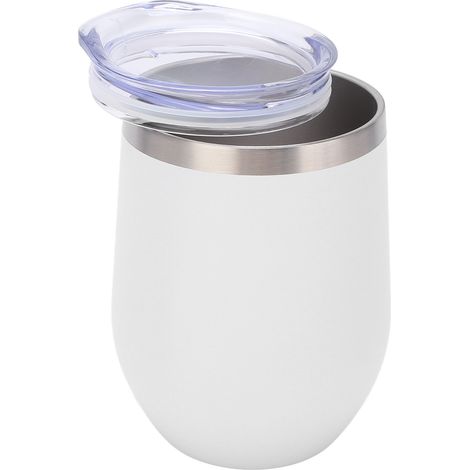 Stielloses, doppelwandiges, isoliertes Edelstahl-Weinglas (355 ml) für Cocktails, Kaffee oder Eis, mit Deckel, weiß