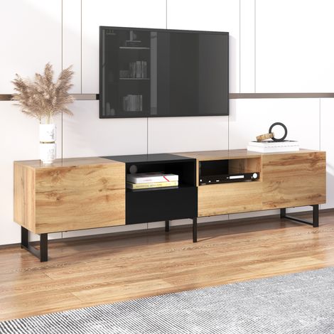 Yoleo – Meuble TV industriel noir et bois – 2 portes 2 tiroirs – Rangement optimisé pour appareils multimédia – Dimensions 190x38x48cm