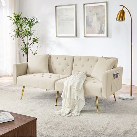 Canapé droit 2 places en velours beige – Canapé 2 places avec 2 coussins –Dossier réglable – Pieds métal –177×78×74 cm (1/5)