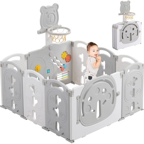 Box per bambini pieghevole 8+2 pannelli, box modulare con canestro da basket, box per interni ed esterni in plastica senza BPA, 113x113 cm, grigio (1/5)
