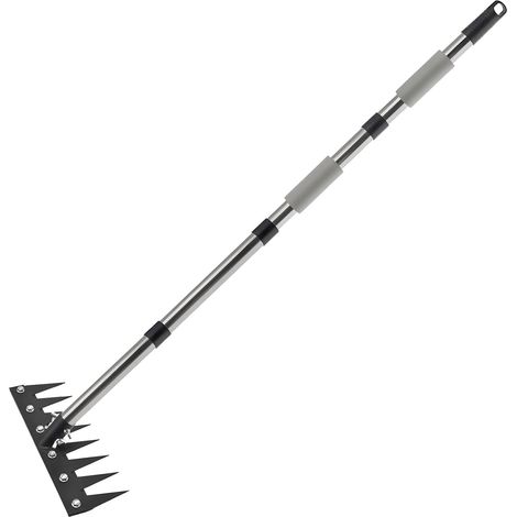 Râteau à désherber robuste en fer avec long manche - Outil de jardin en acier au carbone pour enlever les mauvaises herbes, ameublir la terre, nettoyer les parterres de fleurs (6 dents) (1/5)