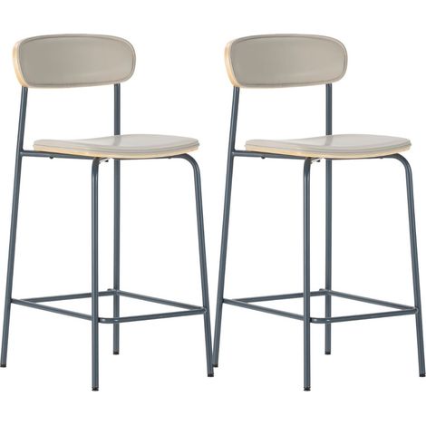 Lot de 2 tabourets de bar structure métal bleu foncé assise et dossier bois et PU beige - LAURA (1/5)