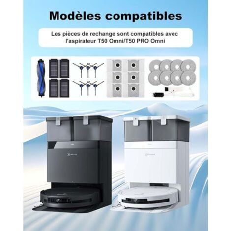 Per Ecovacs Deebot T50 / T50 Pro Omni / T50 Omni Gen2 / T50 Pro Omni Gen2, Kit d&39Accessoires de 27 Pièces : 1 Brosse, 6 Brosses Latérales, 8 Tampons de Serpillière, 4 Filtres HEPA, 6 Sacs à Poussièr (1/4)
